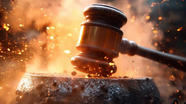Dramatic gavel strike ignites fiery sparks. Justice, law, and order concept. Ideal for legal, crime, or news videos