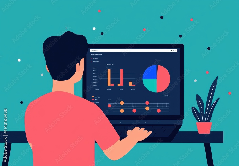 Poster person analyzing data on laptop with colorful graphs and charts