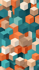 Abstract cubic minimalist background with sharp geometric blocks, mix of Teal, Burnt Orange, Soft Beige