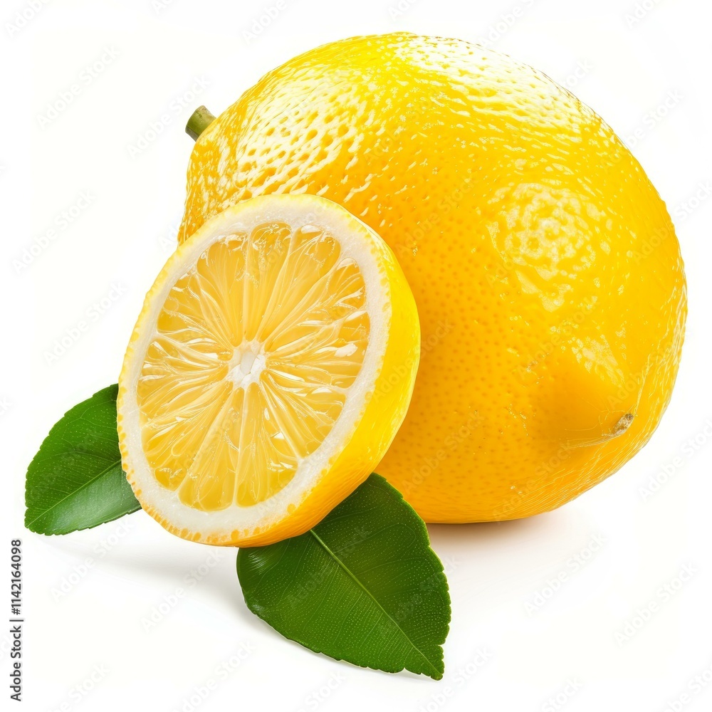 Poster fresh lemon with a cut slice and leaves, creating a refreshing and vibrant composition