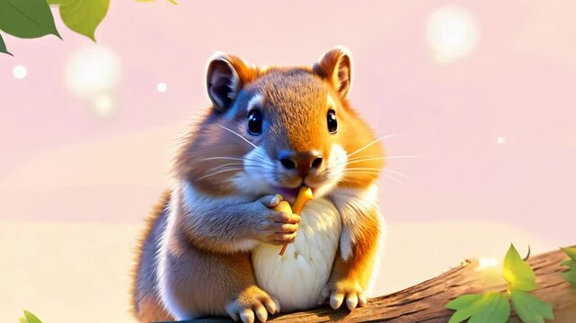 Kawaii Squirrel Nibbling Acorn on Tree Branch  

