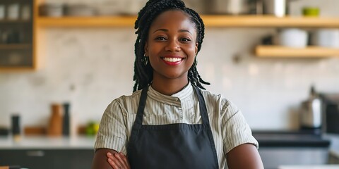 Portrait of a female culinary instructor standing proudly in a kitchen classroom, smiling