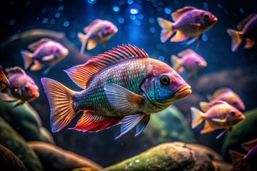 Fototapeta premium Tilapia Silhouette Aquarium Photography: Dark Artistic Fish Tank Images