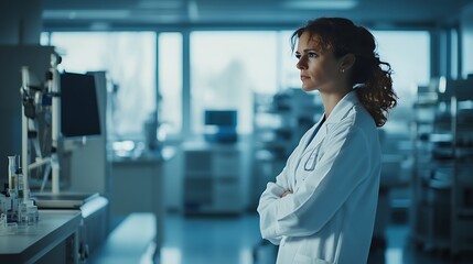 Fototapeta premium Female doctor in a modern hospital, standing beside medical equipment, wearing a lab coat with soft natural lighting