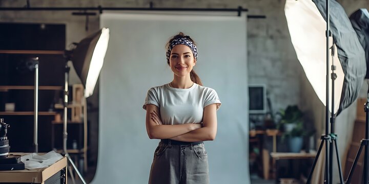 Australian female photographer standing confidently in a creative studio with photography equipment, smiling - Powered by Adobe