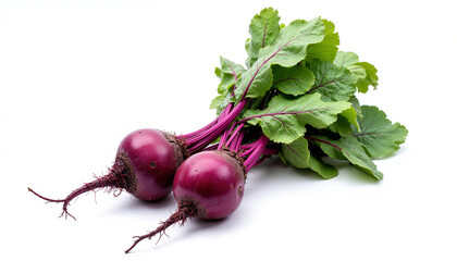 Two fresh purple beetroots with green leaves on a white background, copy space, trend, the best