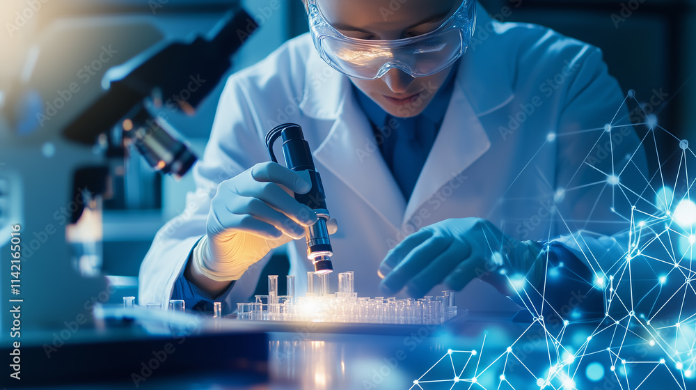 Poster scientist conducts experiments using a microscope in a laboratory setting during evening hours
