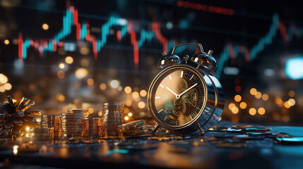 golden clock surrounded by coins and stock market trends, symbolizing time and financial growth