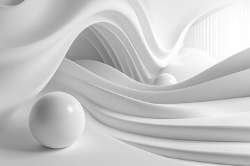 Abstract white curved surfaces with spheres in minimalist design