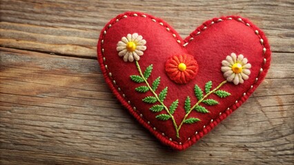 Primitive Red Felt Heart with Floral Embroidery, red felt love heart