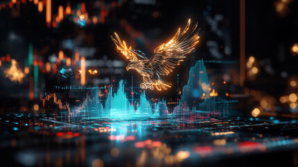 glowing golden eagle soaring above vibrant stock market graph, symbolizing financial growth and success