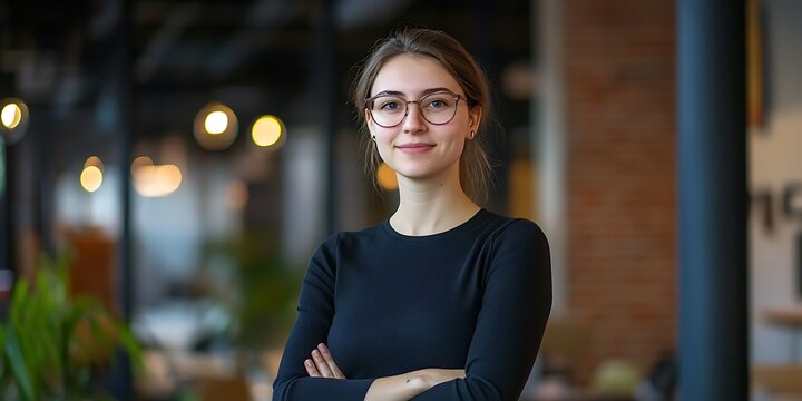 Portrait of female web developer standing confidently in tech workspace, smiling, professional shot