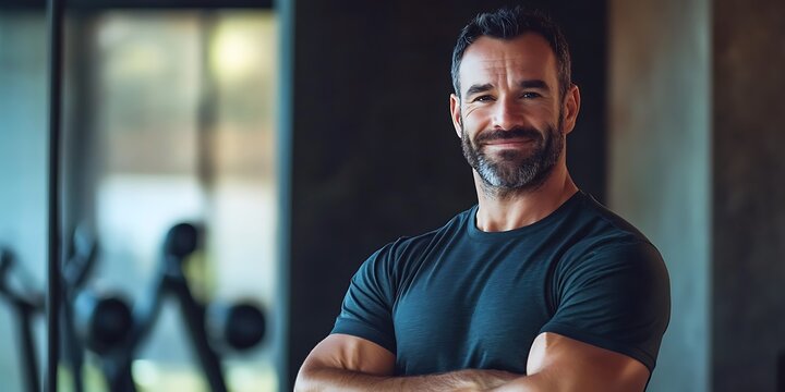 Portrait of a fitness trainer standing confidently in a gym environment, smiling
