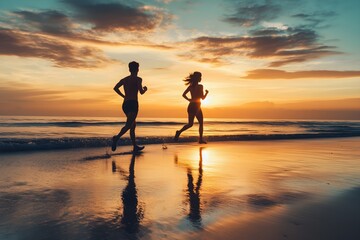 Silhouette of a couple Running on the beach at sunset, with the ocean waves lapping at their feet