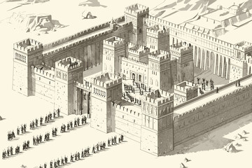 Obraz premium Drawing of a castle with people walking in front of it