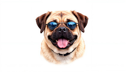 Obraz premium Happy dog wearing sunglasses on a white background, cheerful, playful, trendy, pet concept, copy space