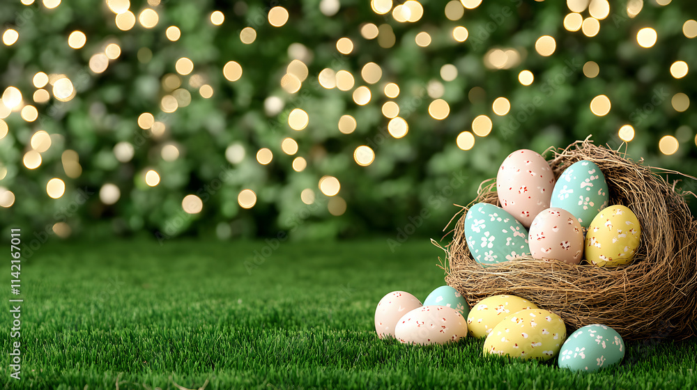 Poster a colorful arrangement of easter eggs nestled in a nest, set against a backdrop of blurred green fol