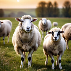 Obraz premium Nutztiere - Schafherde weidet unter Abendrot