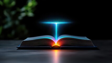 3D General knowledge book with holographic AR augmented reality images appearing from its pages, symbol of modern interactive learning, clean tech inspired backdrop