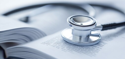 A close-up of a stethoscope resting on an open medical textbook, symbolizing healthcare, study, and the medical profession.