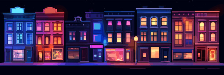 Row of buildings with neon lights on the top