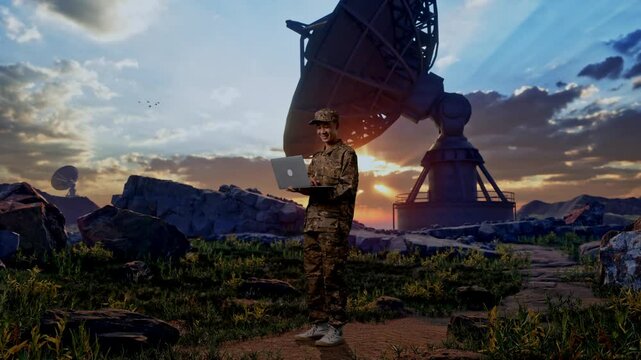 Full Body Of Side View Asian Man Soldier Using A Laptop While Standing With Satellite Dish
