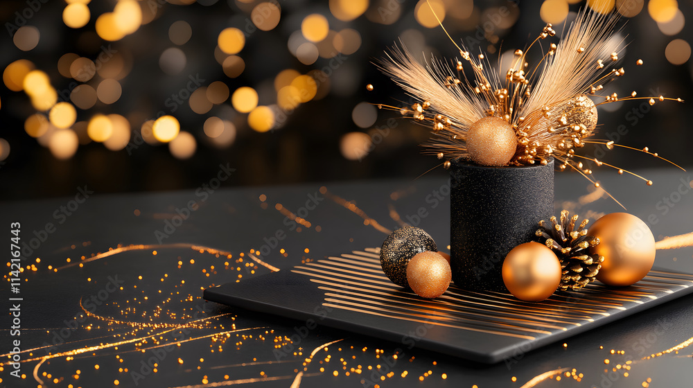 Poster a stylish arrangement of golden ornaments and decorative elements, creating a festive atmosphere wit