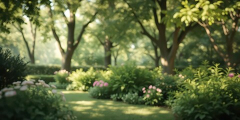 Soft-focus garden scene, blurred trees and foliage, fall, tree, outdoor