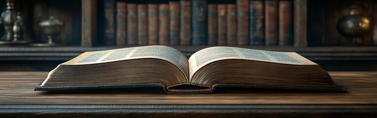 Obraz premium Open Book on Wooden Table in a Cozy Library Setting