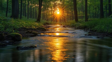 Obraz premium Golden Hour Serenity: A Forest Stream at Sunset