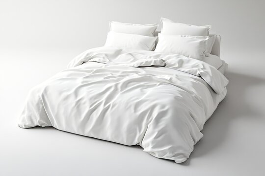 Luxurious white bedding set with fluffy pillows and comforter on a bed
