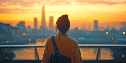 Fototapeta premium A person stands overlooking a stunning city skyline at sunset. The warm colors create a serene atmosphere. This image captures urban beauty and contemplation. AI