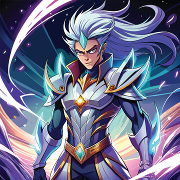 Futuristic Anime Warrior with Silver Hair and Cyan Energy in a Sci Fi Background