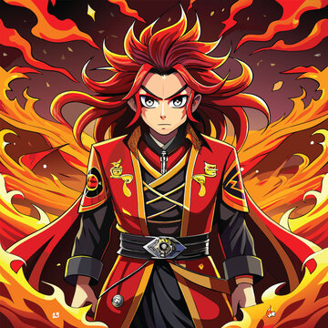 Samurai Inspired Anime Character with Flames in a Stormy Red and Black Setting