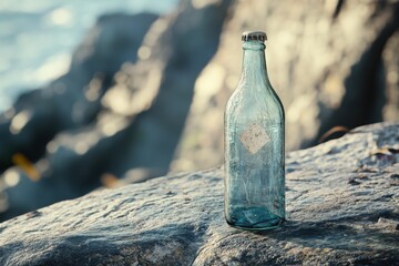 An antique glass bottle rests on a coastal rock