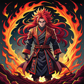 Samurai Inspired Anime Character with Flames in a Stormy Red and Black Setting