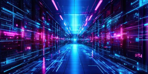 Fototapeta premium Long blue hallway with neon lights and a pink stripe