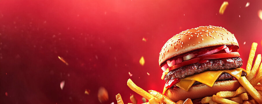 Delicious cheeseburger with fries on a vibrant red background showcasing fast food appeal - Powered by Adobe