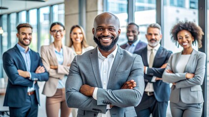 Obraz premium Successful African American CEO leading diverse team in modern office, confident businessman with folded hands overseeing joyful professional group 