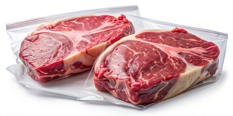 Obraz premium Vacuum Sealed Beef Steaks: Worm's Eye View - Premium Raw Meat Packaging