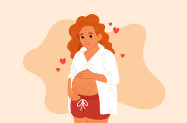 Pregnant woman banner. Young girl with big belly near heart and flowers leaves. Future mother and parenthood. Female reproductive system. Cartoon flat vector illustration