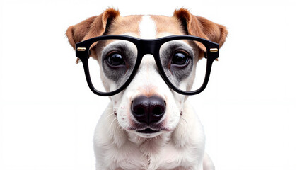 Jack Russell Terrier wearing oversized glasses posing playfully on a white background for copy space and trend concept