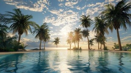 Fototapeta premium Tropical sunset reflection serene beach landscape photography calm waters wide angle nature's beauty