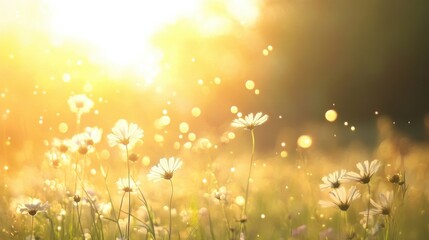 Sunlit field of daisies nature photography warm environment close-up view serenity and beauty