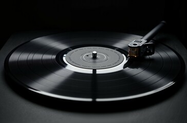 Vintage turntable spins black vinyl record in a dark room creating a classic music atmosphere