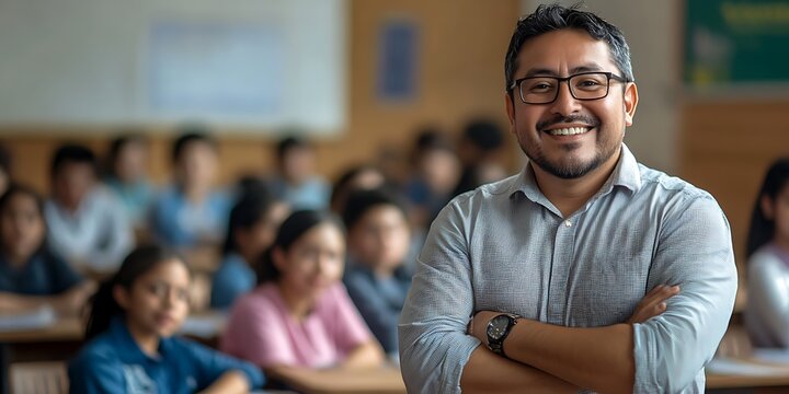 Mexican male teacher standing proudly in a classroom full of students, smiling portrait shot