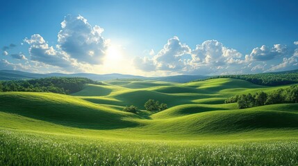 Obraz premium Serene Rolling Hills Landscape Under a Sunny Sky