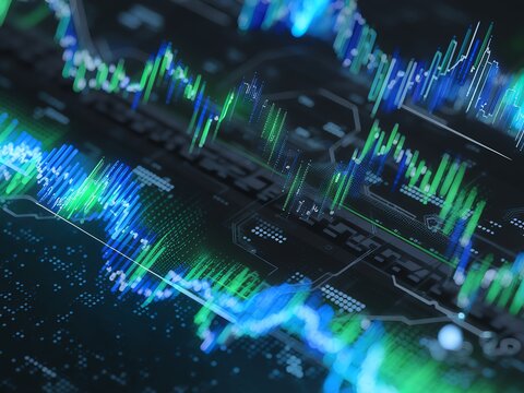 Abstract digital interface with data visualization and glowing graphs in blue and green hues.
