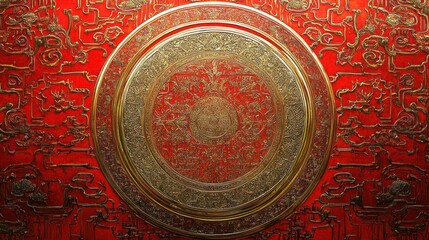 Intricate gold circular design on red lacquered surface.