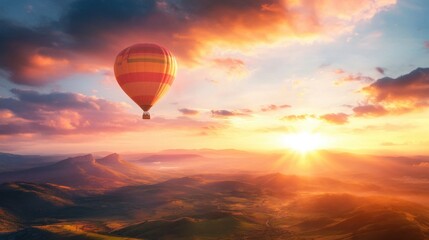 Obraz premium Hot air balloon adventure scenic mountains sunrise beautiful landscape aerial view freedom and exploration